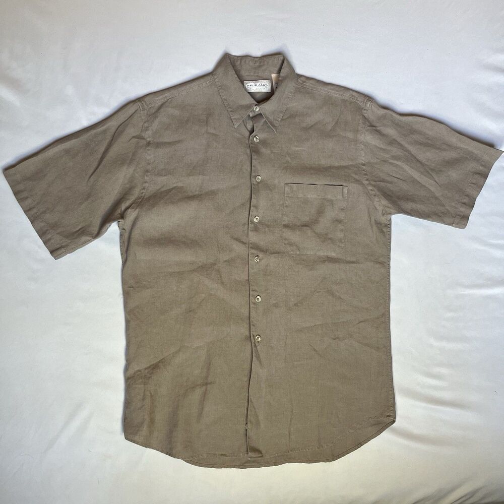 Murano Shirt Mens M Tan 100% Irish Linen Short Sleeve Button Up Casual Beach